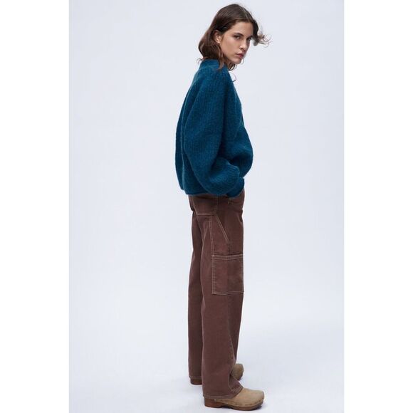 Teal Blue Zara Chunky Knit Button Front V-Neck Cardigan Sweater (NWT) - Picture 4 of 13